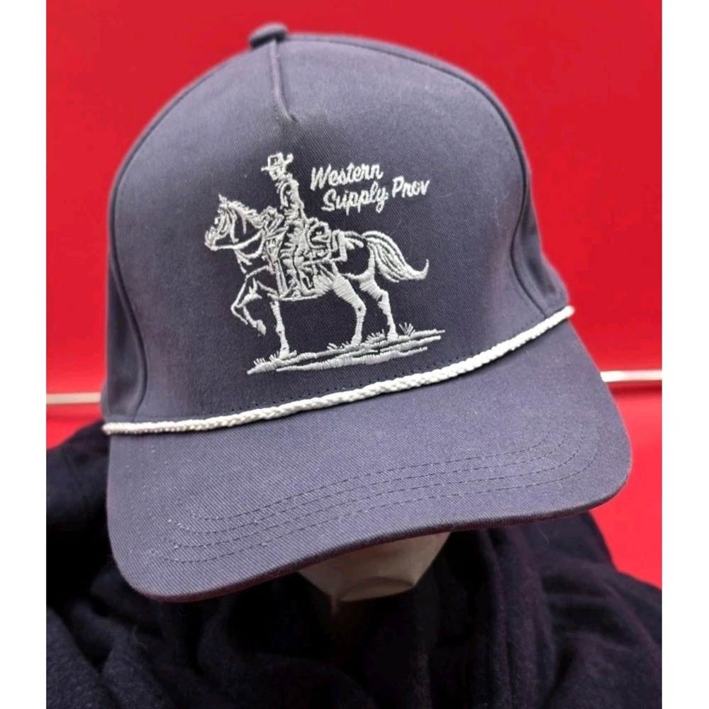 Snapback Hat Western Supply Prov. Cowboy On Horse White Rope On Blue Hat Capture
